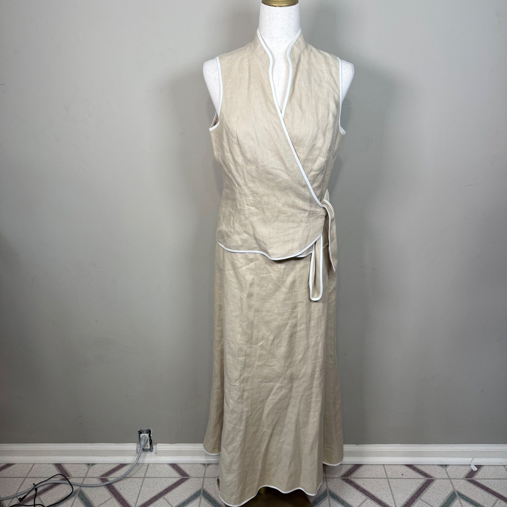 Talbots VTG 100% Linen Skirt Set Sleeveless Asymmetrical Wrap Vest A-Line Maxi